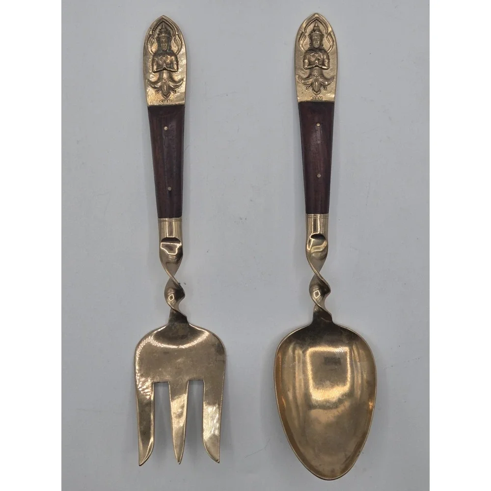 Teak Wood & Brass Spoon Fork Thailand Buddha SIAM Vintage